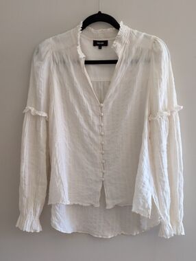 ME+EM Cream Seersucker Ruffled Button-Front Peasant Blouse Size 8 Medium